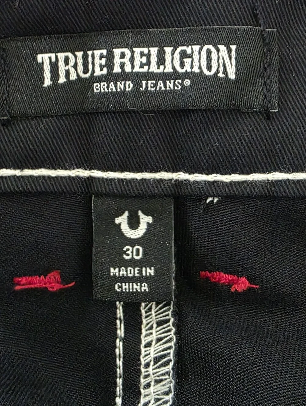 True Religion Black Cargo Shorts with White Contrast Stitching and Red Accents
